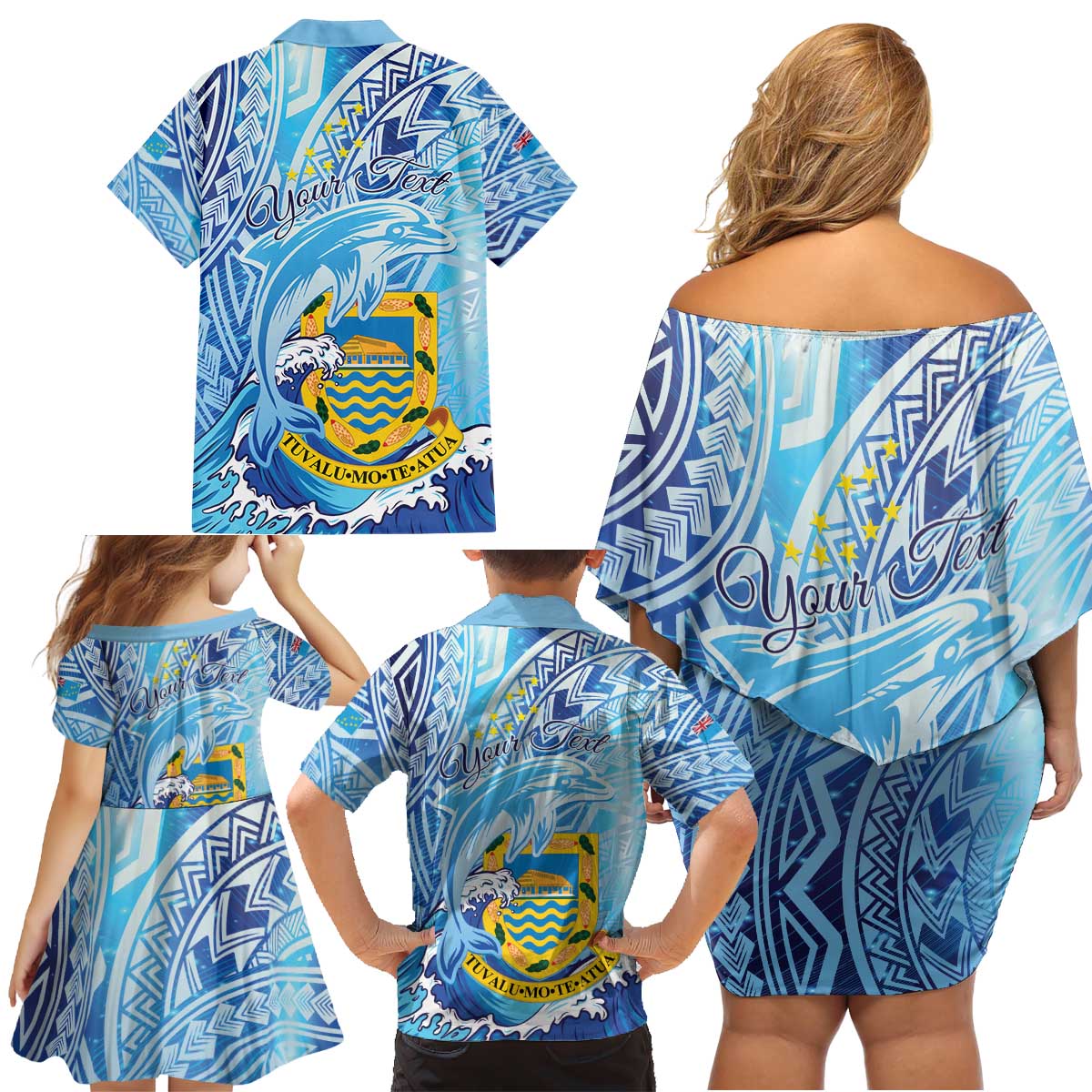 Tuvalu mo te Atua Family Matching Off Shoulder Short Dress and Hawaiian Shirt Tuvalu Dolphin Polynesian Pattern LT01 - Polynesian Pride