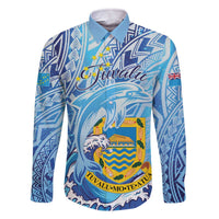 Tuvalu mo te Atua Family Matching Off Shoulder Short Dress and Hawaiian Shirt Tuvalu Dolphin Polynesian Pattern LT01 Dad's Shirt - Long Sleeve Blue - Polynesian Pride