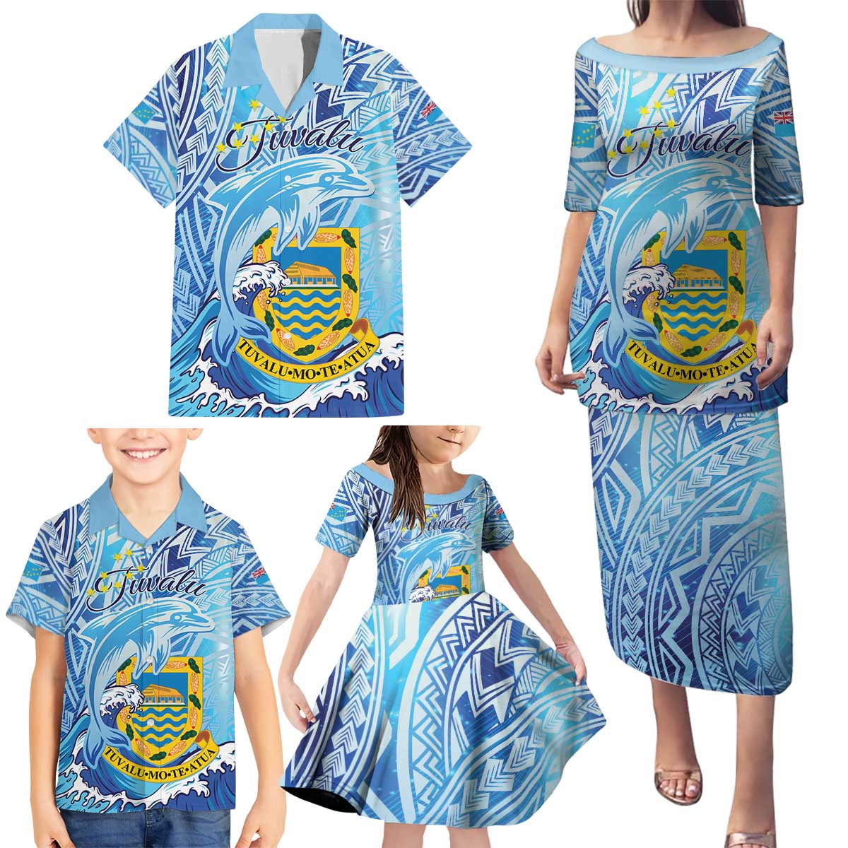 Tuvalu mo te Atua Family Matching Puletasi and Hawaiian Shirt Tuvalu Dolphin Polynesian Pattern LT01 - Polynesian Pride