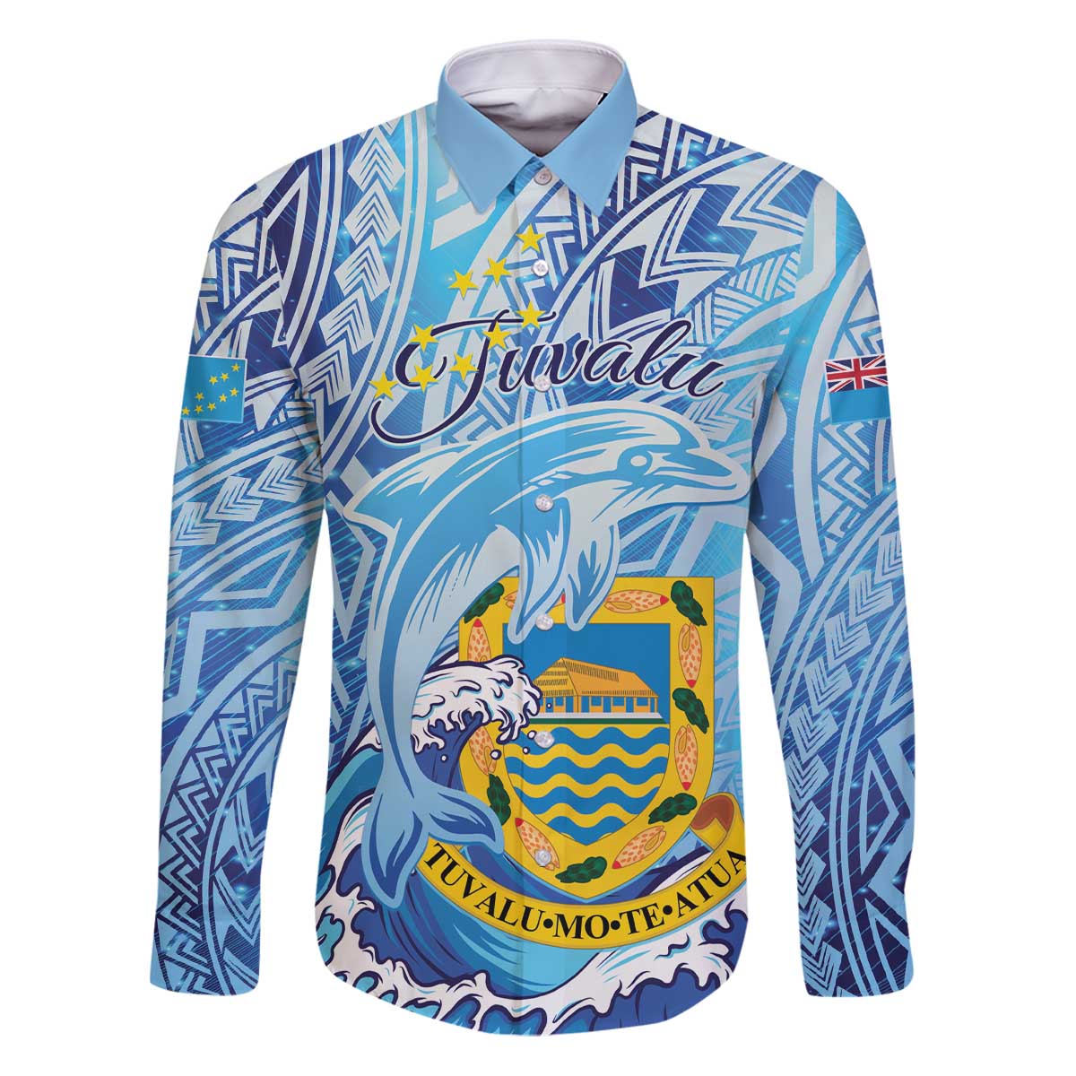 Tuvalu mo te Atua Family Matching Puletasi and Hawaiian Shirt Tuvalu Dolphin Polynesian Pattern LT01 Dad's Shirt - Long Sleeve Blue - Polynesian Pride