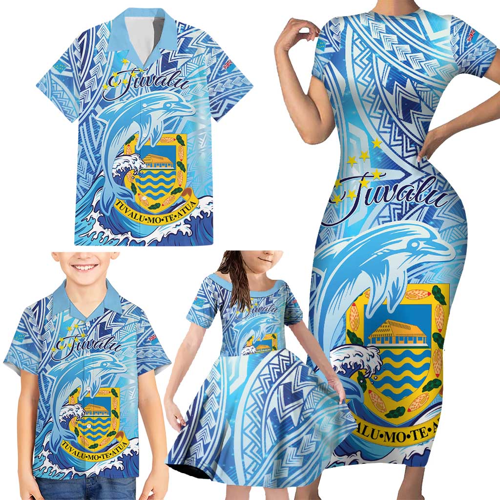 Tuvalu mo te Atua Family Matching Short Sleeve Bodycon Dress and Hawaiian Shirt Tuvalu Dolphin Polynesian Pattern