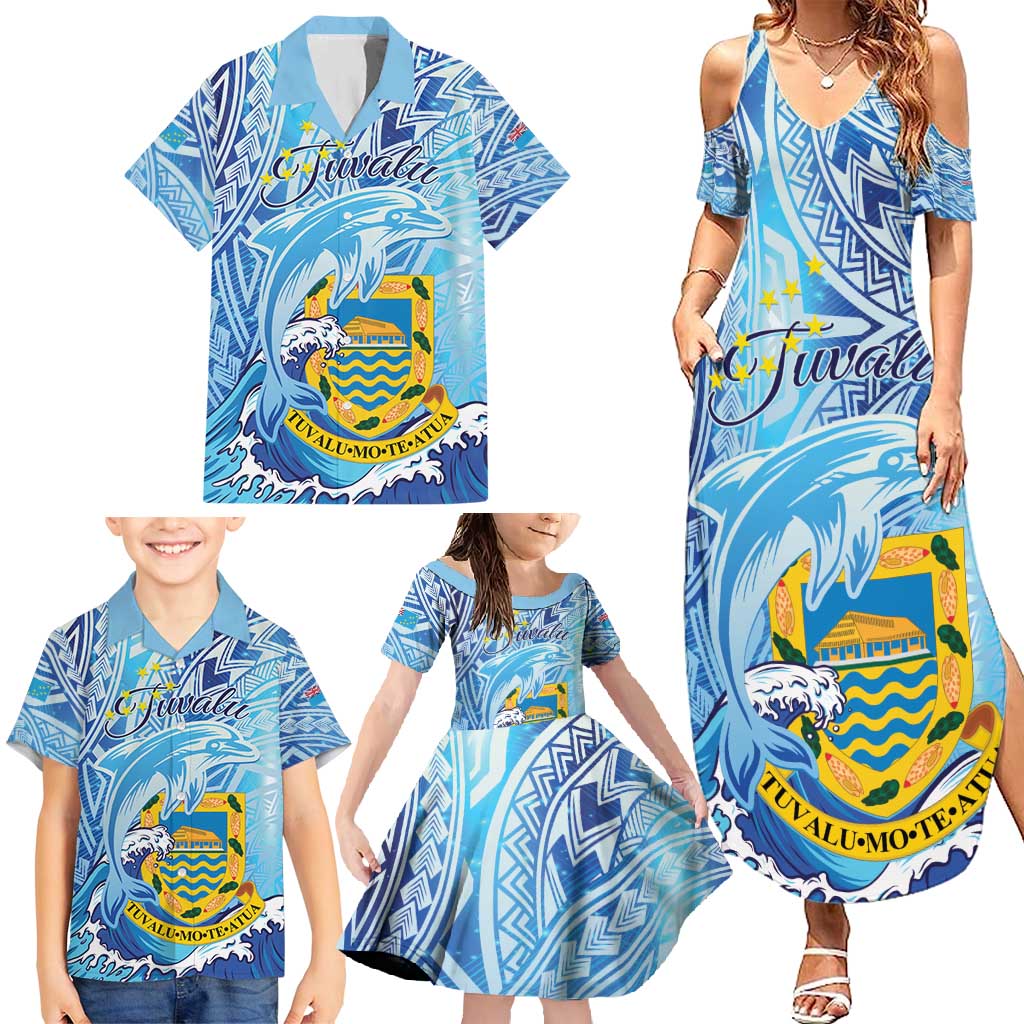 Tuvalu mo te Atua Family Matching Summer Maxi Dress and Hawaiian Shirt Tuvalu Dolphin Polynesian Pattern