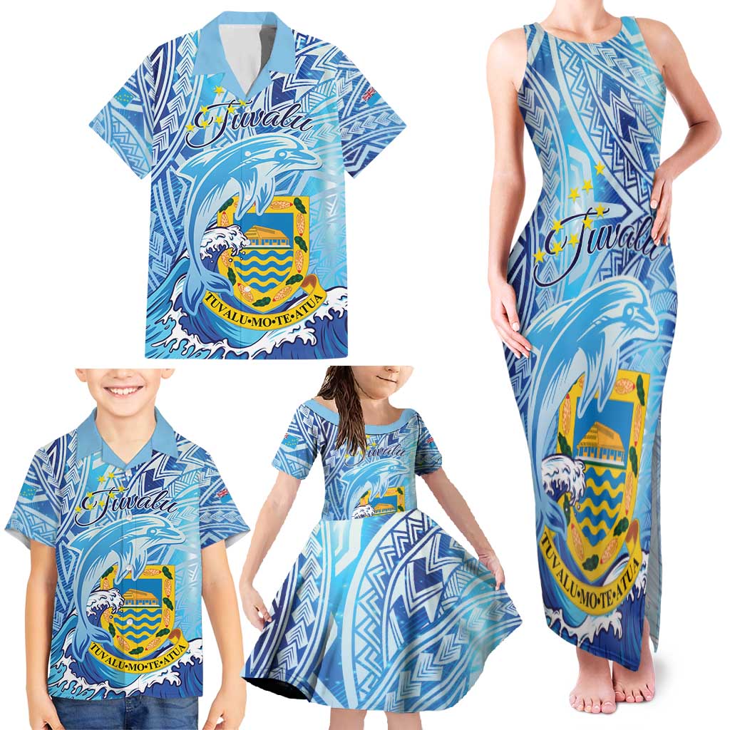 Tuvalu mo te Atua Family Matching Tank Maxi Dress and Hawaiian Shirt Tuvalu Dolphin Polynesian Pattern LT01 - Polynesian Pride