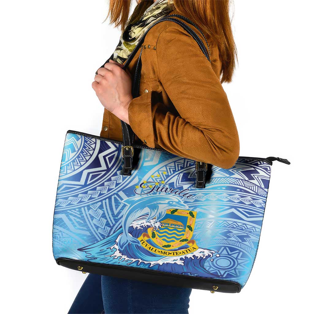 Tuvalu mo te Atua Leather Tote Bag Tuvalu Dolphin Polynesian Pattern LT01 Blue - Polynesian Pride