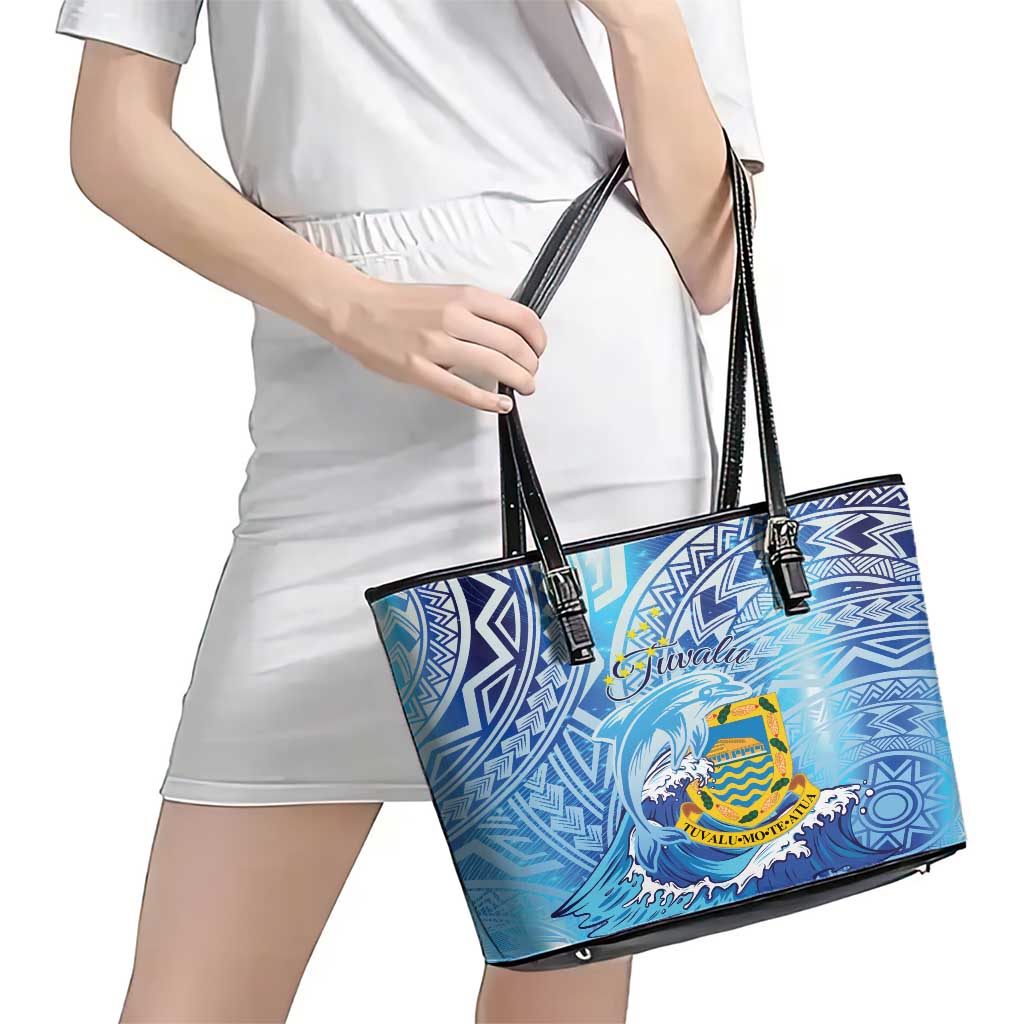 Tuvalu mo te Atua Leather Tote Bag Tuvalu Dolphin Polynesian Pattern LT01 - Polynesian Pride
