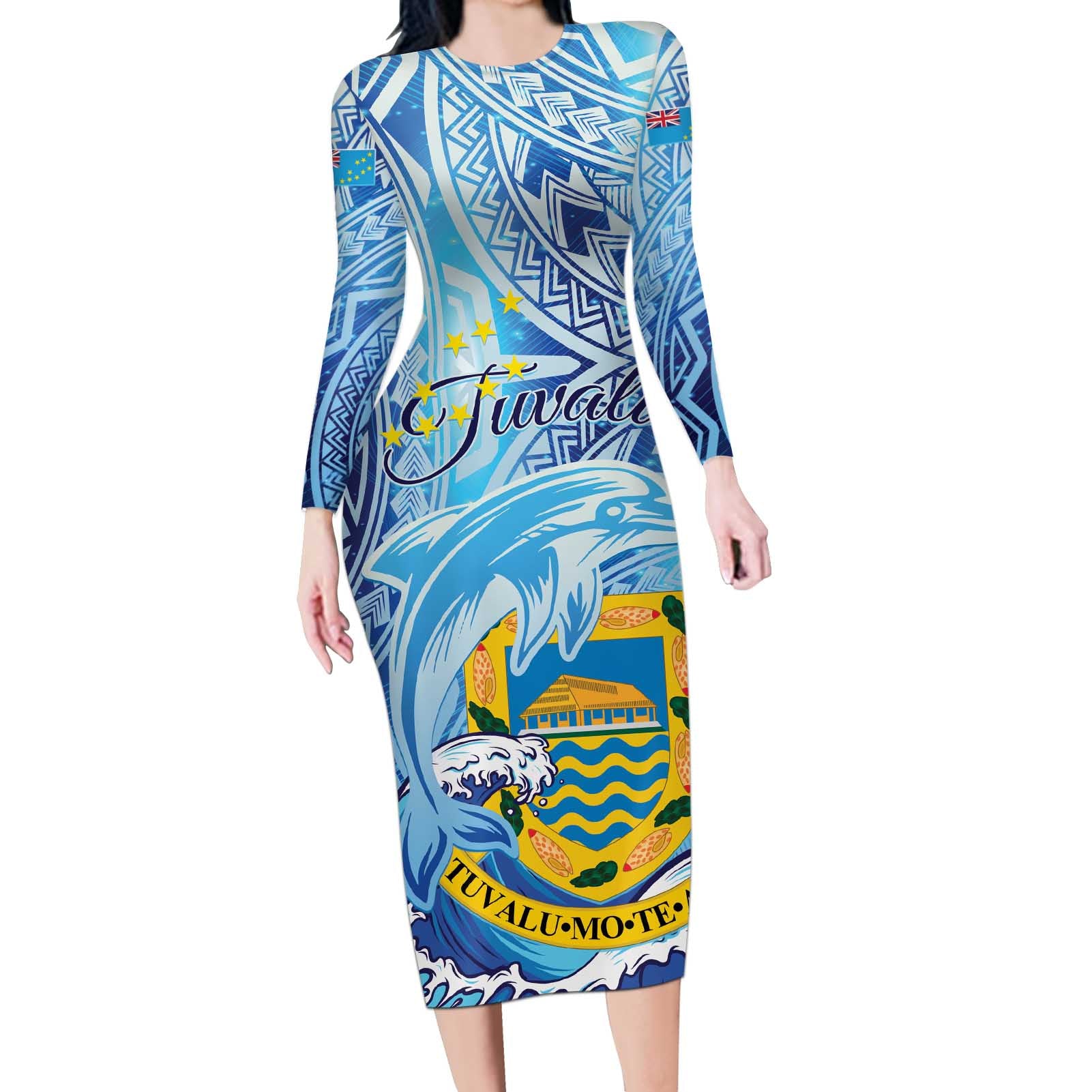 Tuvalu mo te Atua Long Sleeve Bodycon Dress Tuvalu Dolphin Polynesian Pattern