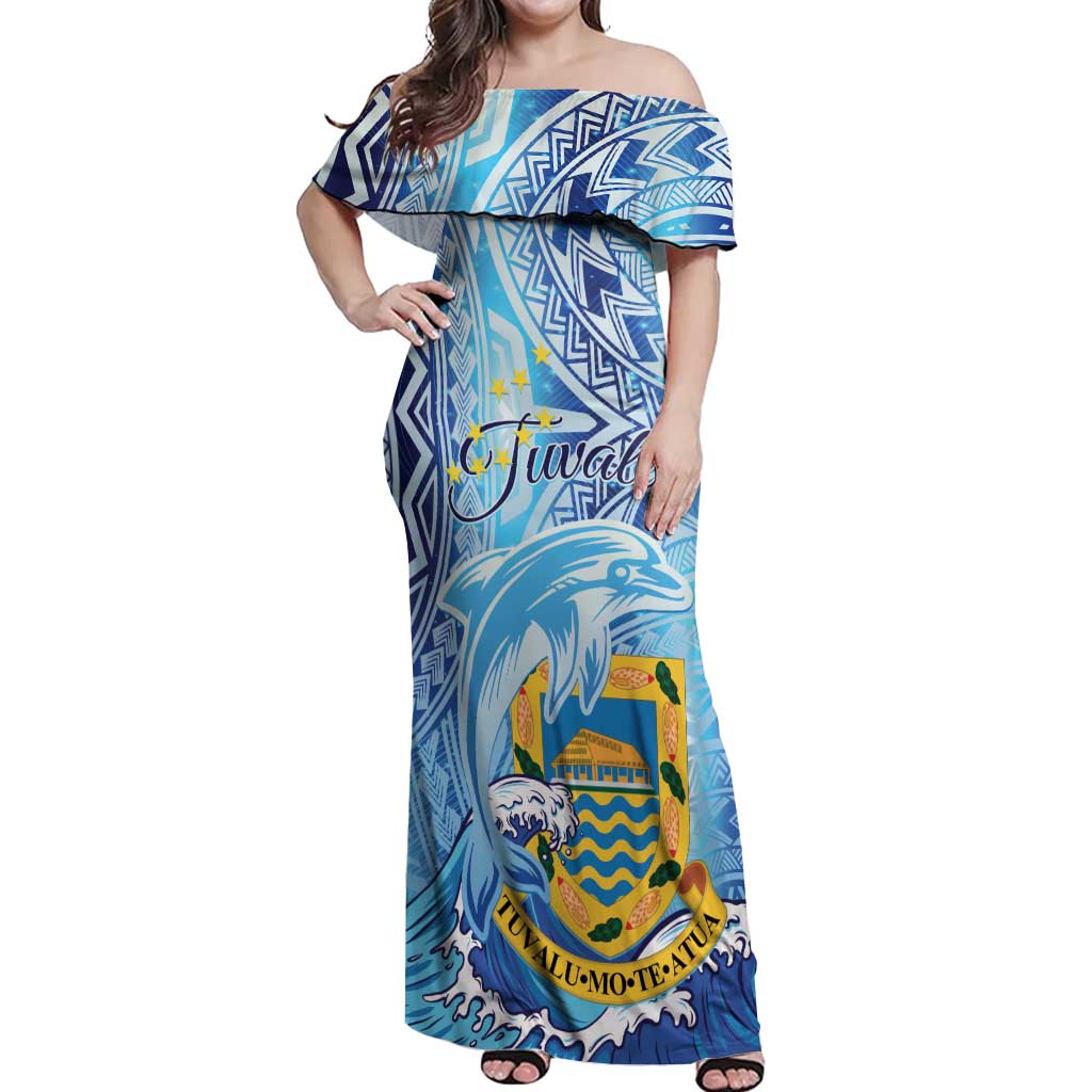 Tuvalu mo te Atua Off Shoulder Maxi Dress Tuvalu Dolphin Polynesian Pattern LT01 Women Blue - Polynesian Pride