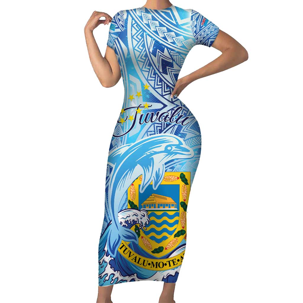 Tuvalu mo te Atua Short Sleeve Bodycon Dress Tuvalu Dolphin Polynesian Pattern