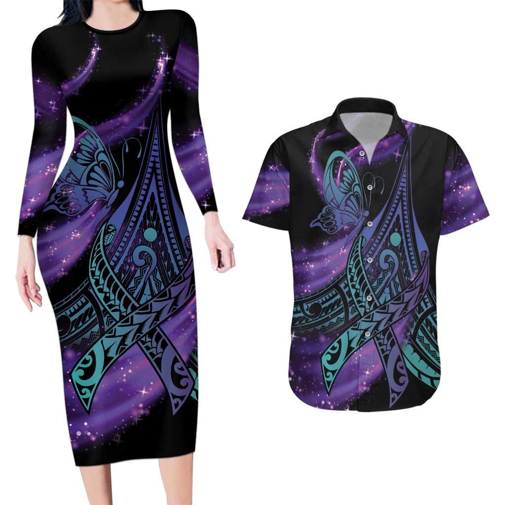 In September We Wear Teal And Purple Couples Matching Long Sleeve Bodycon Dress and Hawaiian Shirt Magic Ribbon Semicolon LT01 Purple - Polynesian Pride