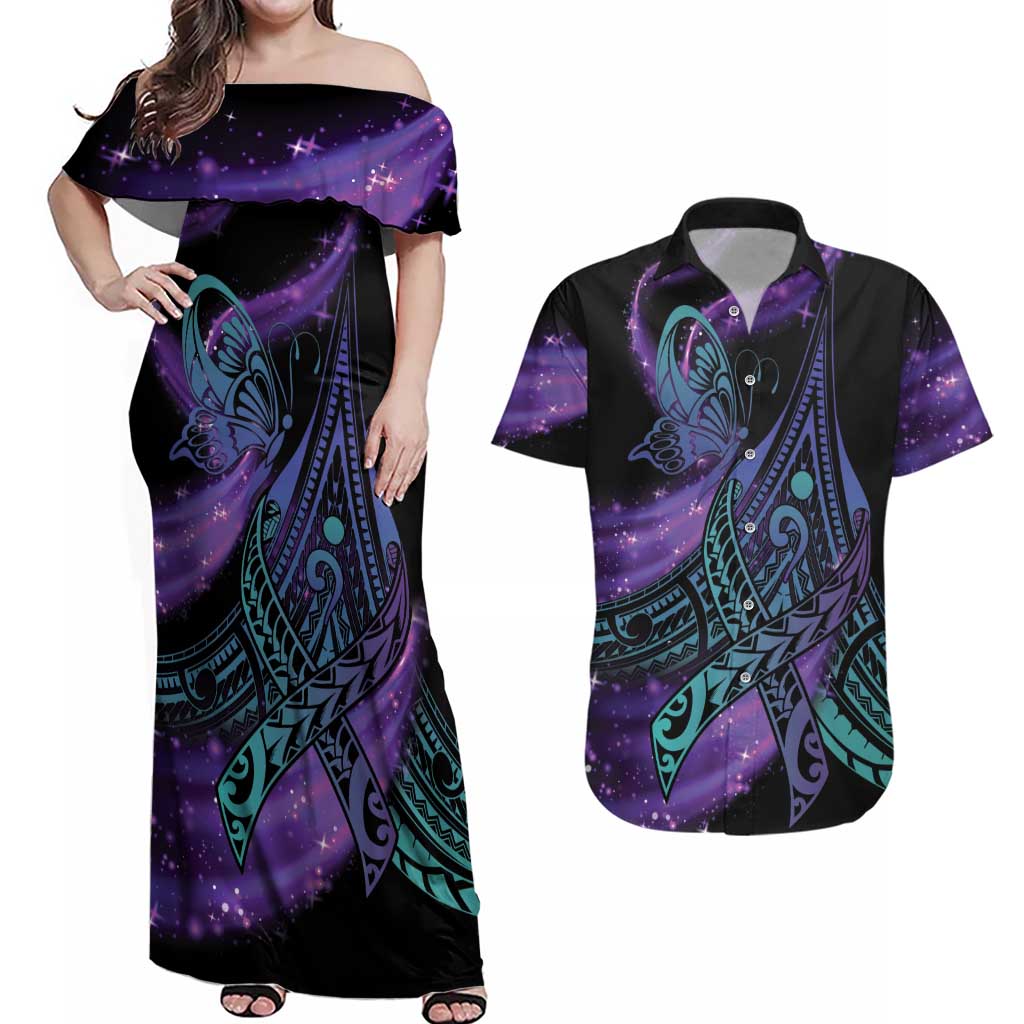 In September We Wear Teal And Purple Couples Matching Off Shoulder Maxi Dress and Hawaiian Shirt Magic Ribbon Semicolon