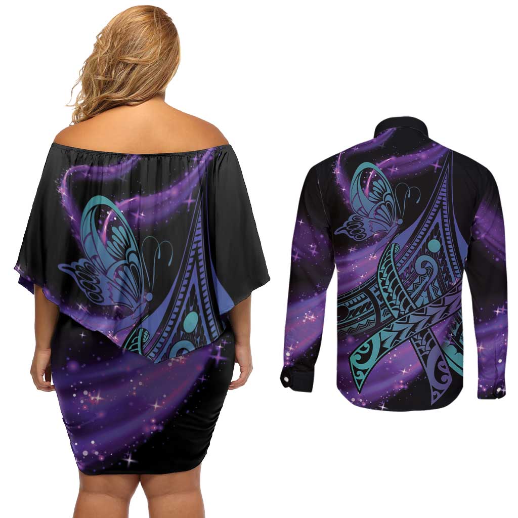 In September We Wear Teal And Purple Couples Matching Off Shoulder Short Dress and Long Sleeve Button Shirt Magic Ribbon Semicolon
