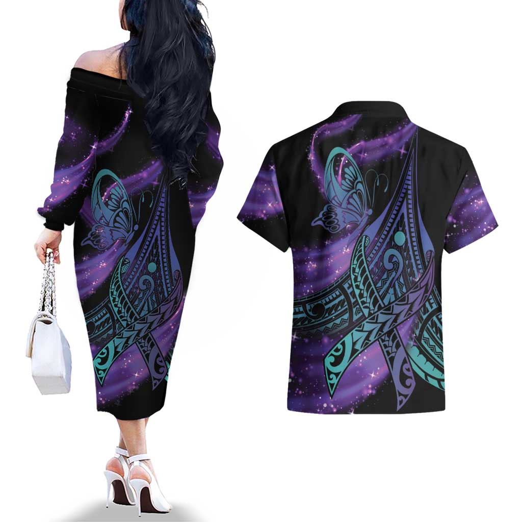 In September We Wear Teal And Purple Couples Matching Off The Shoulder Long Sleeve Dress and Hawaiian Shirt Magic Ribbon Semicolon