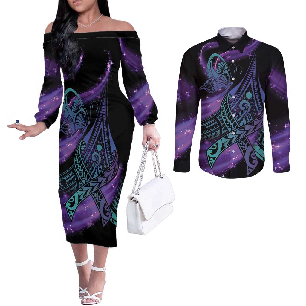 In September We Wear Teal And Purple Couples Matching Off The Shoulder Long Sleeve Dress and Long Sleeve Button Shirt Magic Ribbon Semicolon LT01 Purple - Polynesian Pride