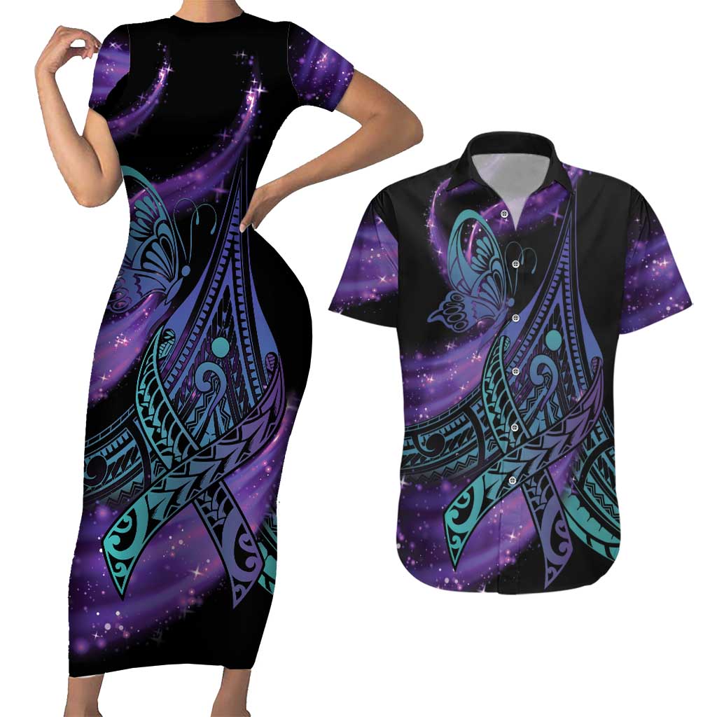 In September We Wear Teal And Purple Couples Matching Short Sleeve Bodycon Dress and Hawaiian Shirt Magic Ribbon Semicolon LT01 Purple - Polynesian Pride