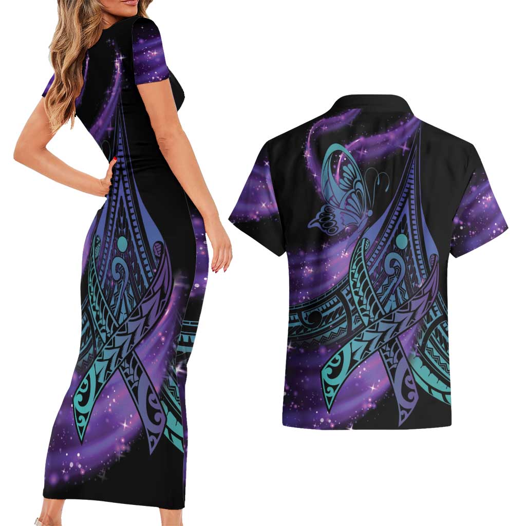 In September We Wear Teal And Purple Couples Matching Short Sleeve Bodycon Dress and Hawaiian Shirt Magic Ribbon Semicolon
