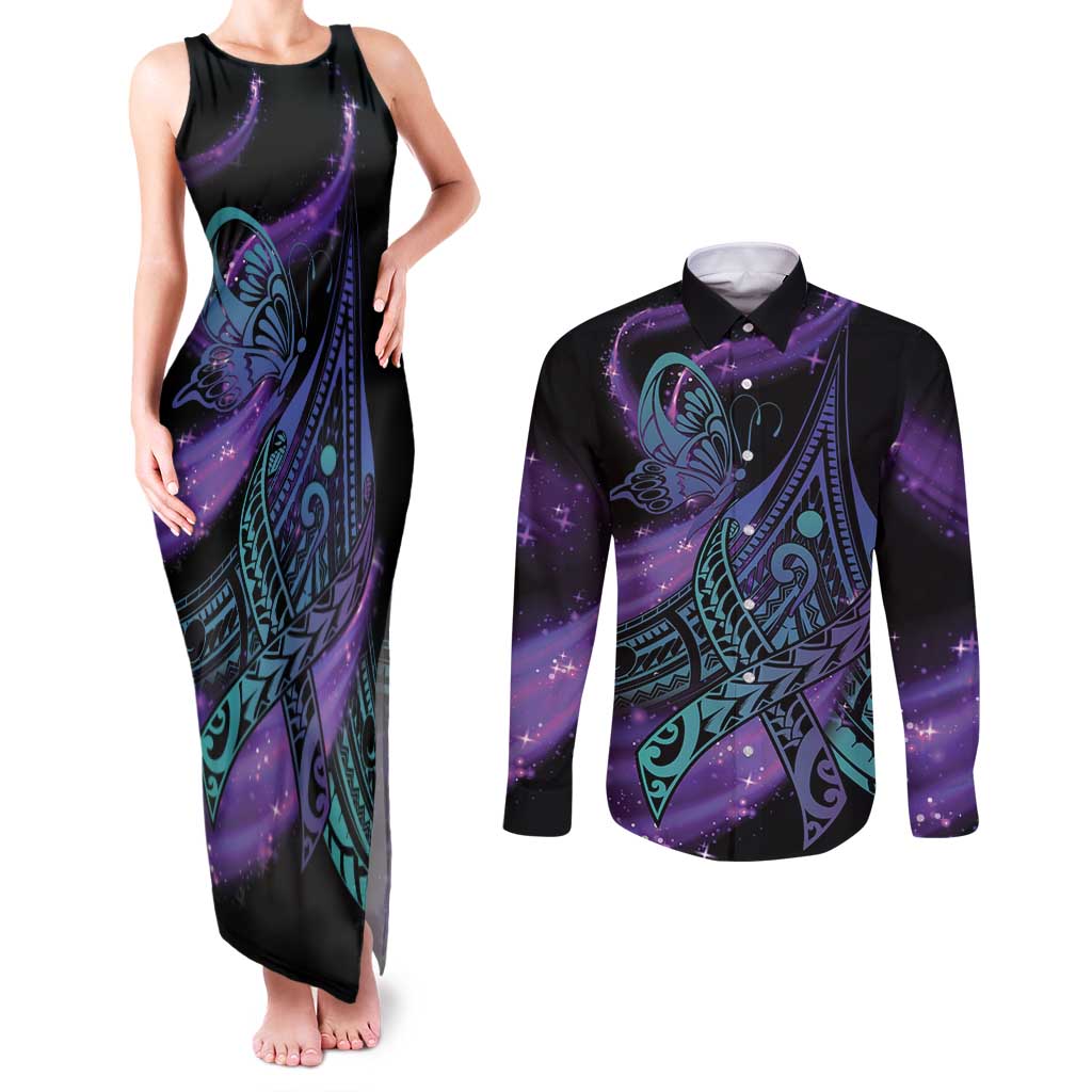 In September We Wear Teal And Purple Couples Matching Tank Maxi Dress and Long Sleeve Button Shirt Magic Ribbon Semicolon LT01 Purple - Polynesian Pride