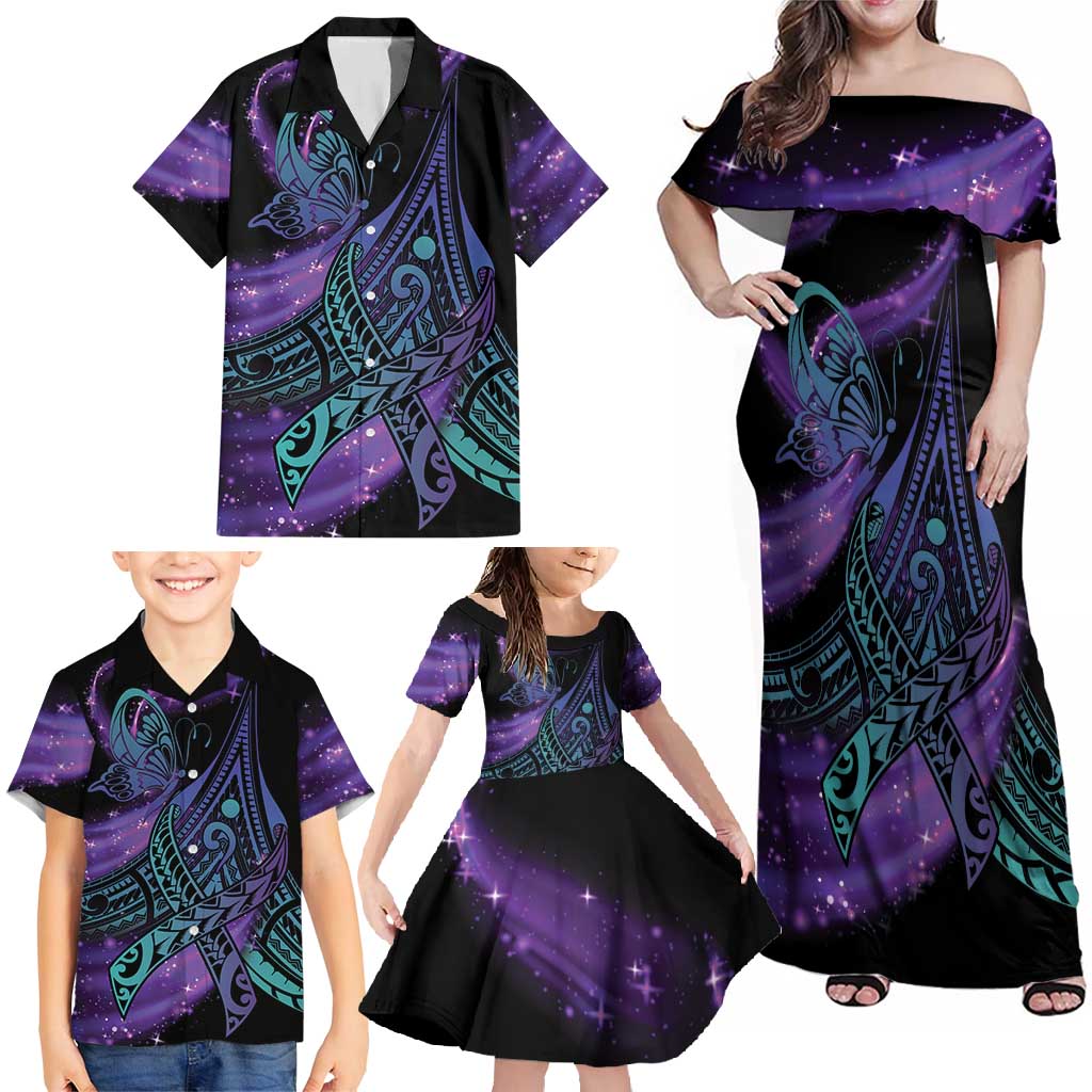 In September We Wear Teal And Purple Family Matching Off Shoulder Maxi Dress and Hawaiian Shirt Magic Ribbon Semicolon