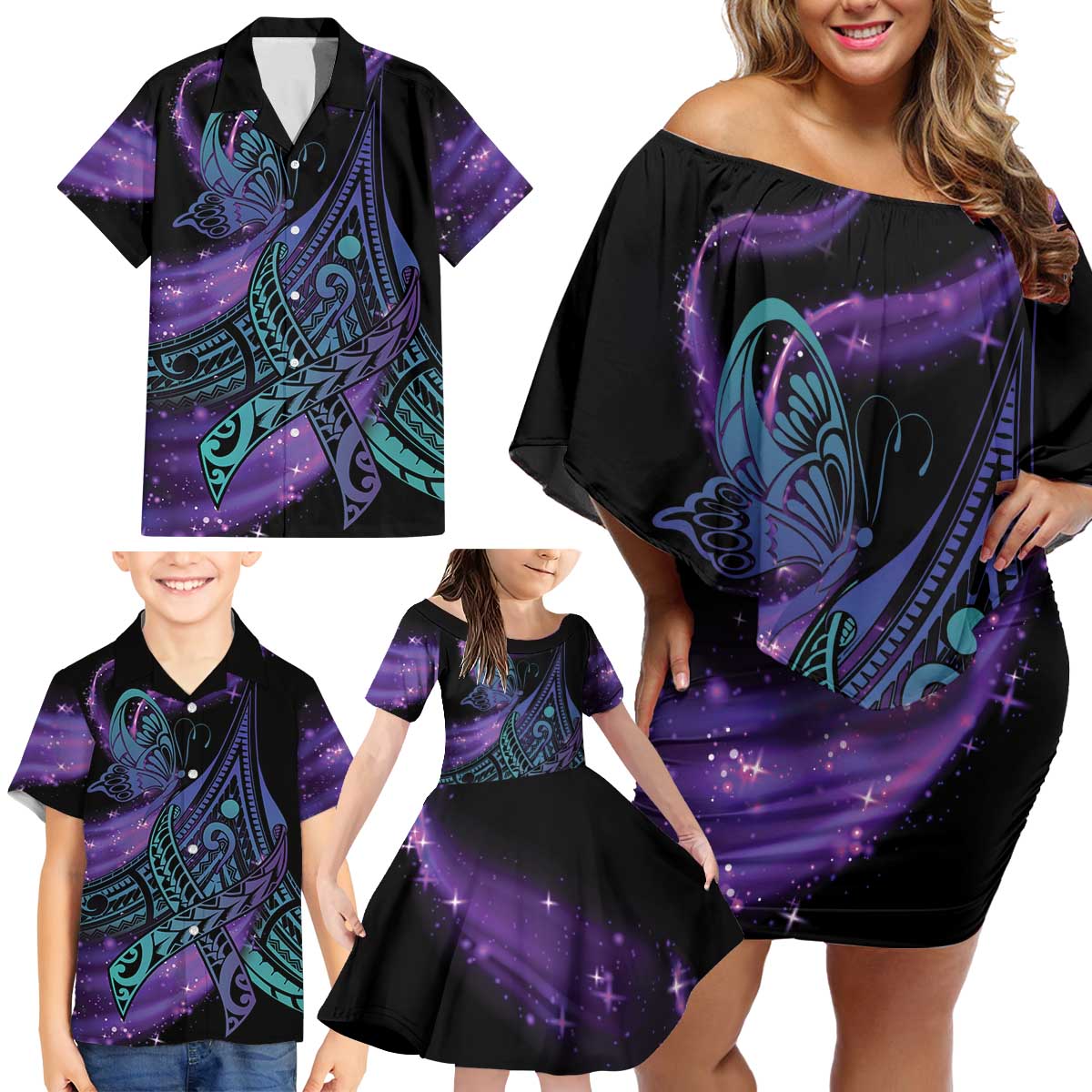 In September We Wear Teal And Purple Family Matching Off Shoulder Short Dress and Hawaiian Shirt Magic Ribbon Semicolon