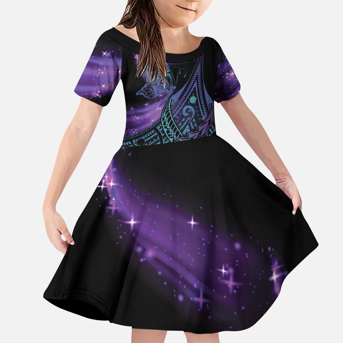 In September We Wear Teal And Purple Kid Short Sleeve Dress Magic Ribbon Semicolon