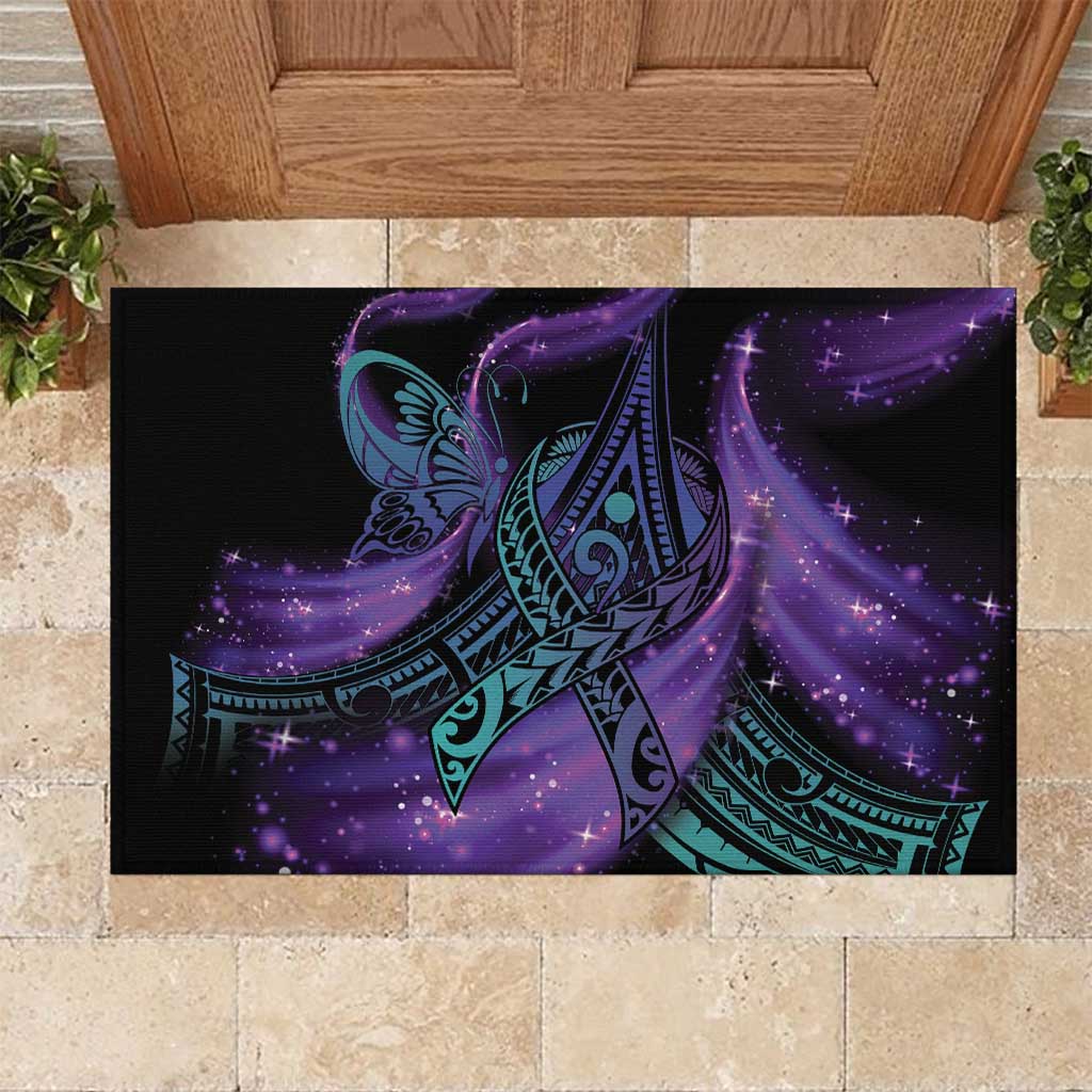 In September We Wear Teal And Purple Rubber Doormat Magic Ribbon Semicolon
