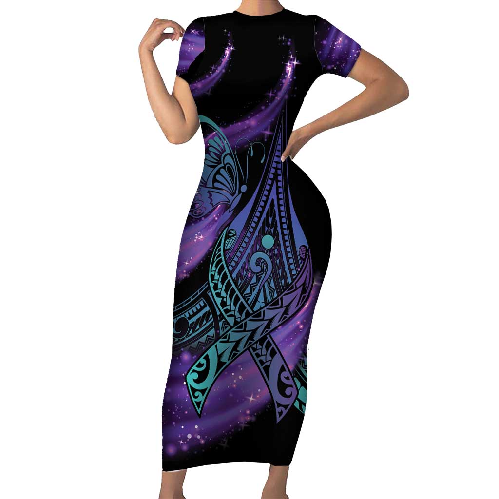 In September We Wear Teal And Purple Short Sleeve Bodycon Dress Magic Ribbon Semicolon