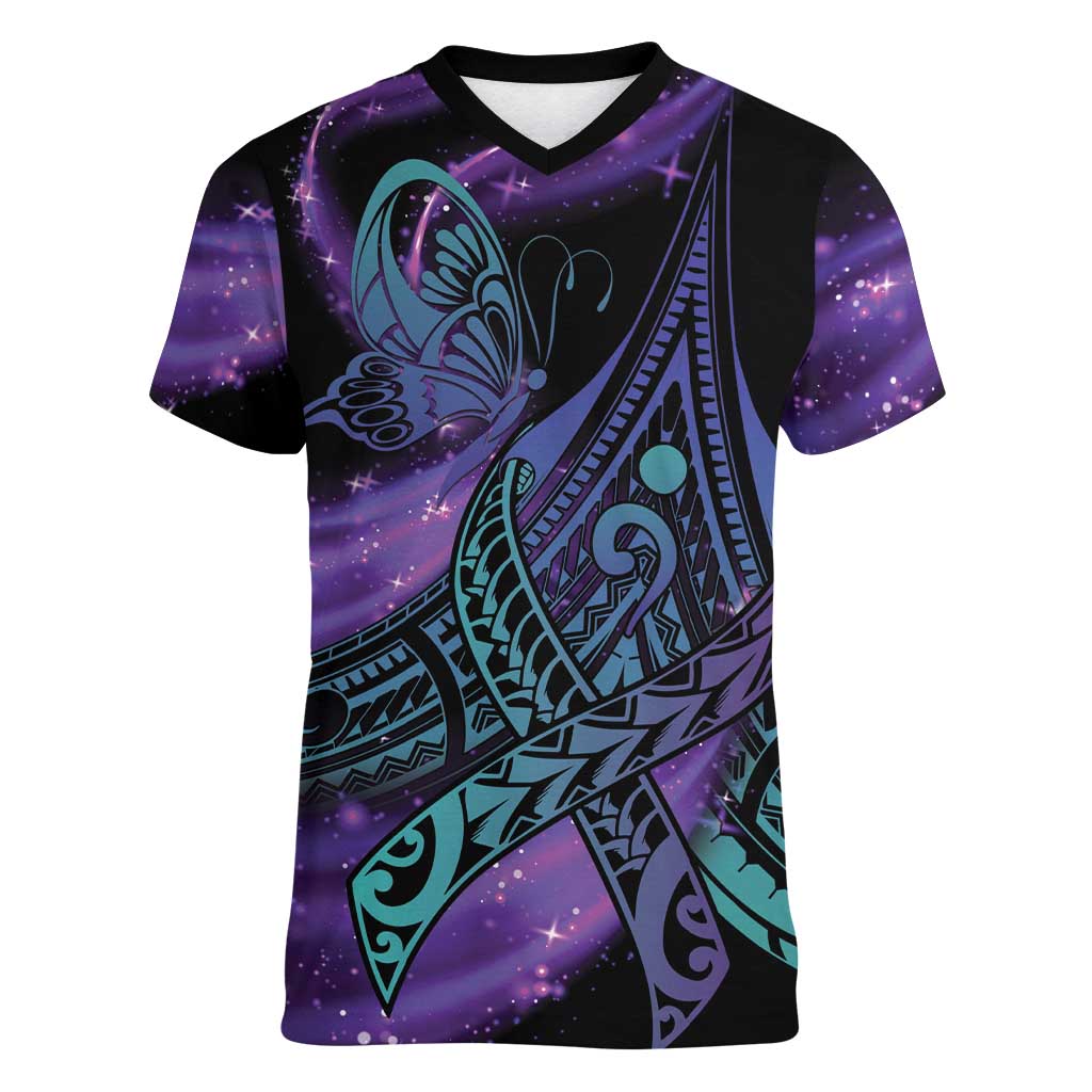 In September We Wear Teal And Purple Women V-Neck T-Shirt Magic Ribbon Semicolon