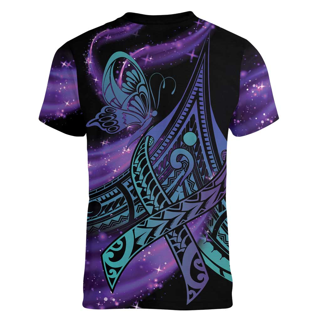 In September We Wear Teal And Purple Women V-Neck T-Shirt Magic Ribbon Semicolon