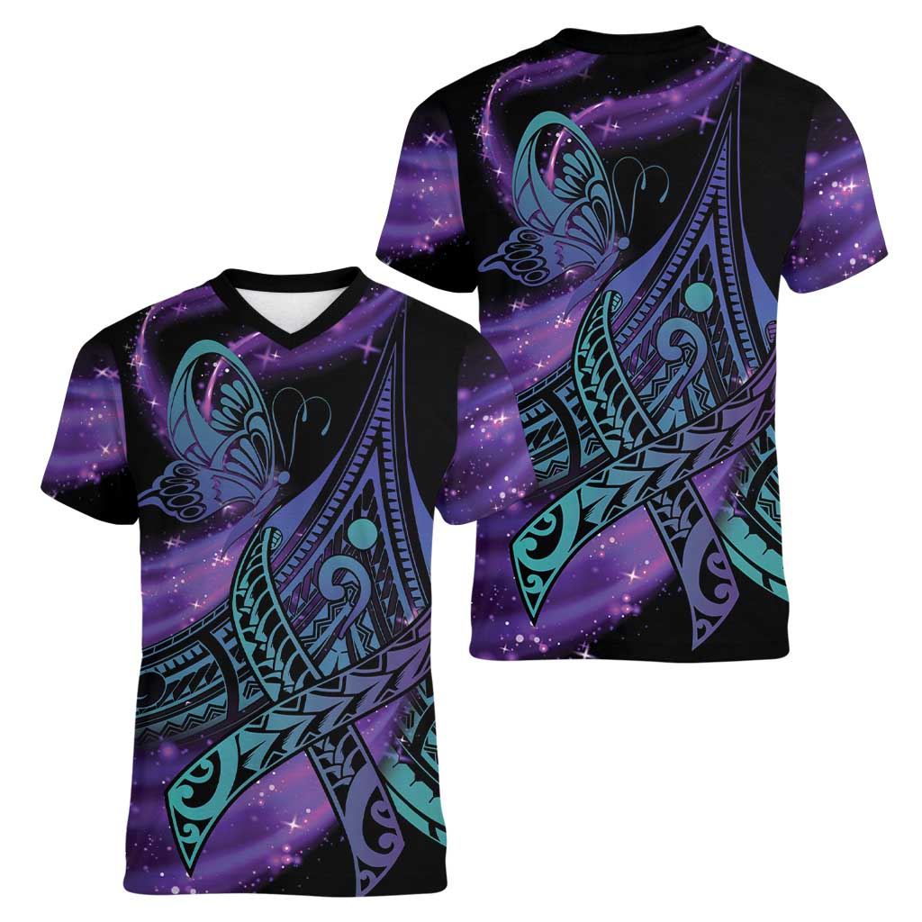 In September We Wear Teal And Purple Women V-Neck T-Shirt Magic Ribbon Semicolon