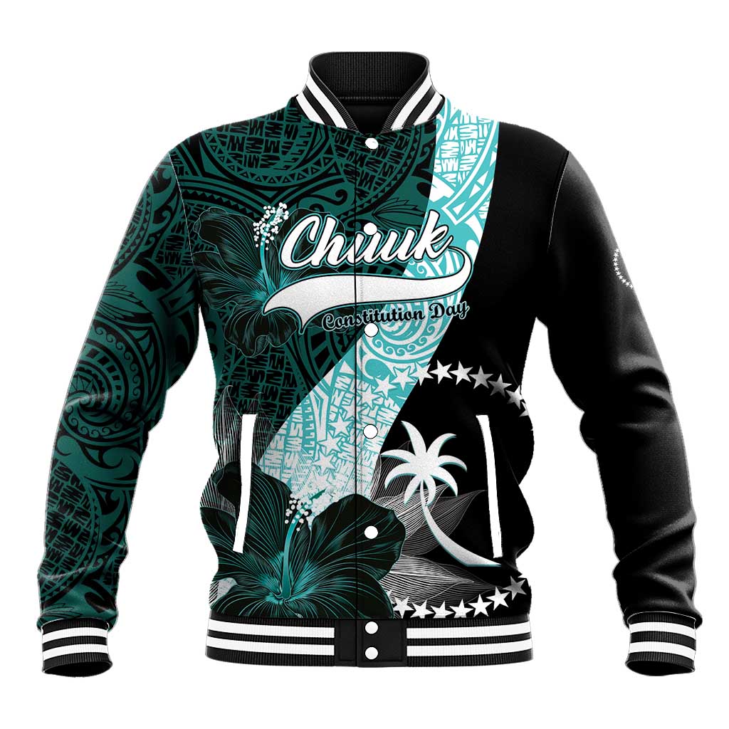 Chuuk Constitution Day Baseball Jacket Hibiscus Turquoise Pattern