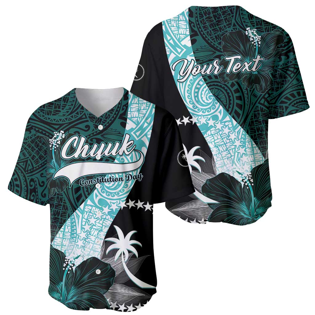Chuuk Constitution Day Baseball Jersey Hibiscus Turquoise Pattern