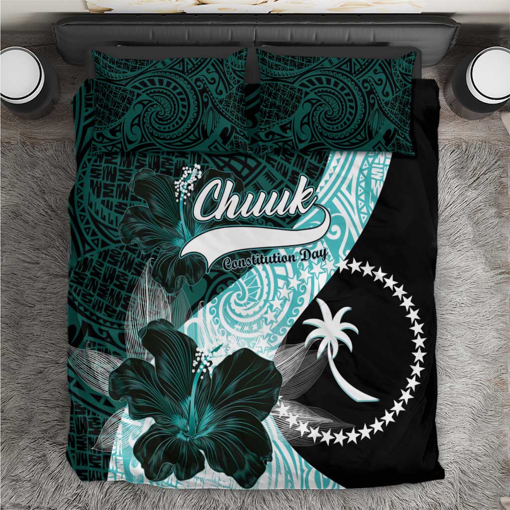 Chuuk Constitution Day Bedding Set Hibiscus Turquoise Pattern