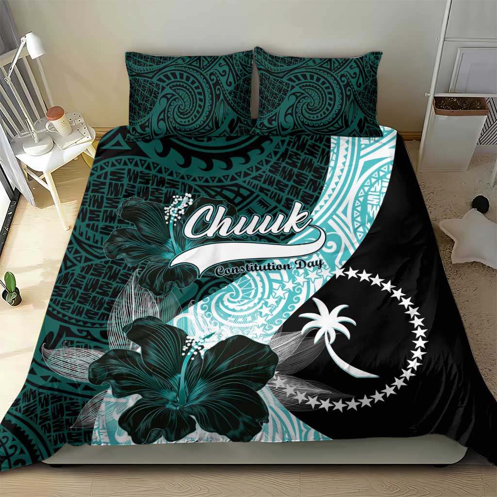 Chuuk Constitution Day Bedding Set Hibiscus Turquoise Pattern