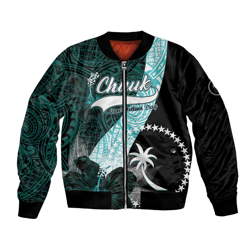 Chuuk Constitution Day Bomber Jacket Hibiscus Turquoise Pattern