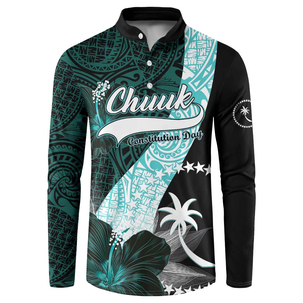 Chuuk Constitution Day Button Sweatshirt Hibiscus Turquoise Pattern