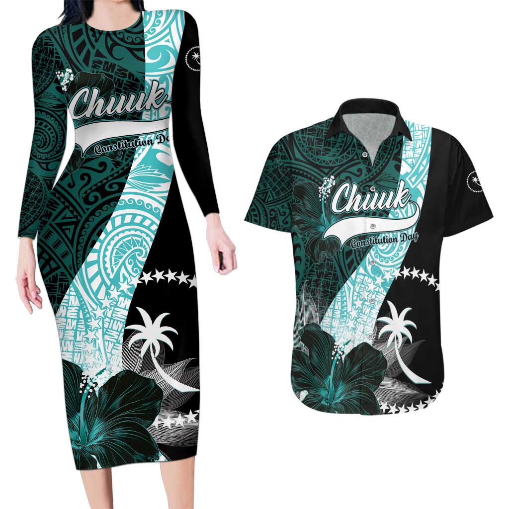 Chuuk Constitution Day Couples Matching Long Sleeve Bodycon Dress and Hawaiian Shirt Hibiscus Turquoise Pattern