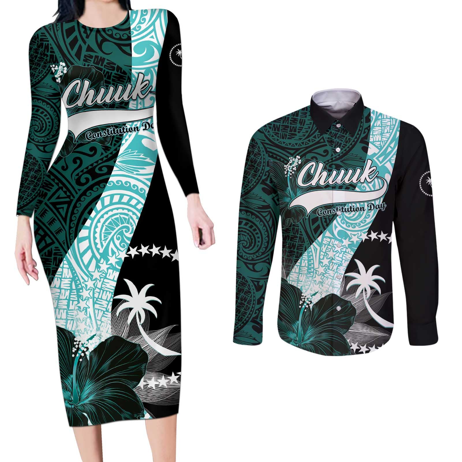 Chuuk Constitution Day Couples Matching Long Sleeve Bodycon Dress and Long Sleeve Button Shirt Hibiscus Turquoise Pattern