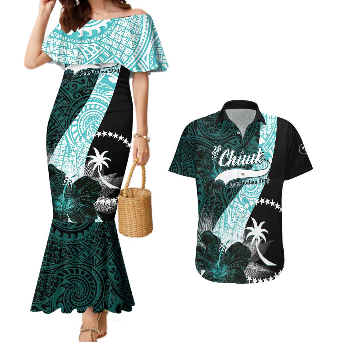 Chuuk Constitution Day Couples Matching Mermaid Dress and Hawaiian Shirt Hibiscus Turquoise Pattern