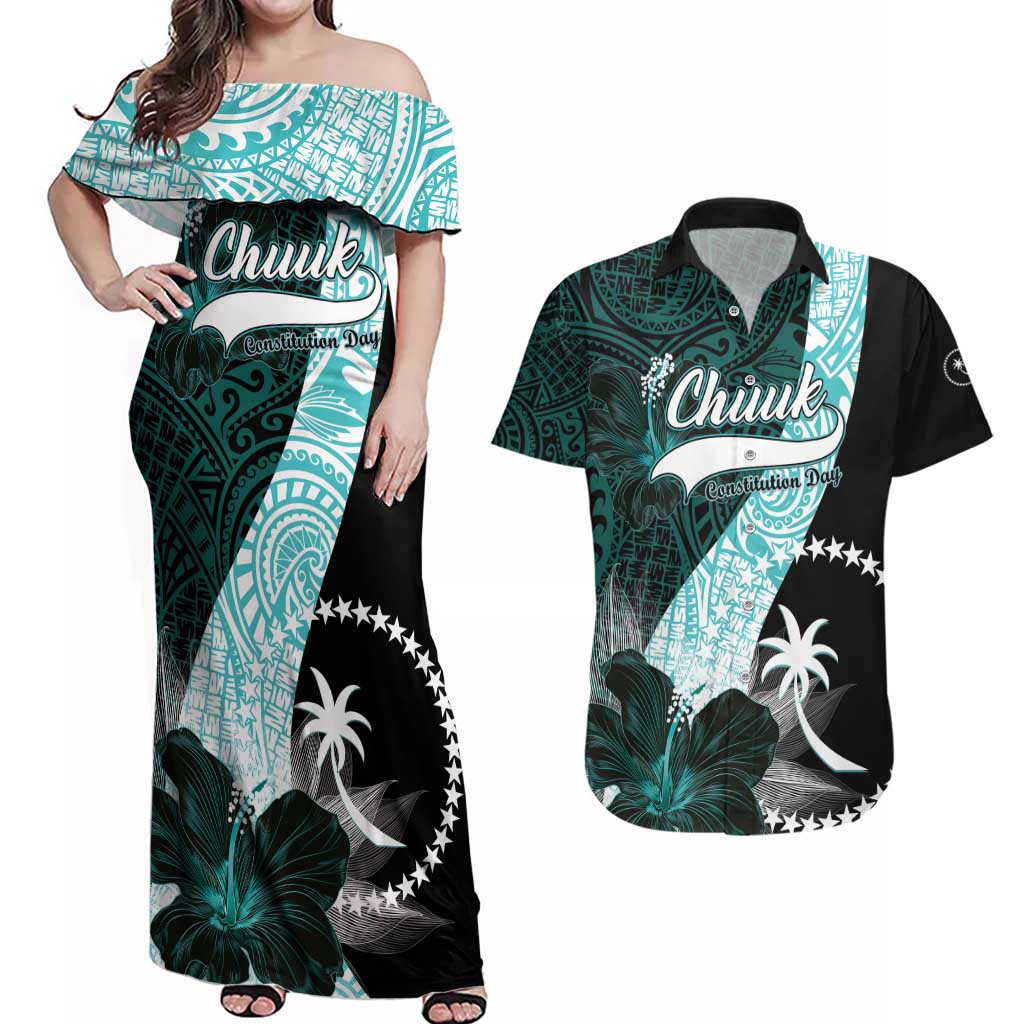 Chuuk Constitution Day Couples Matching Off Shoulder Maxi Dress and Hawaiian Shirt Hibiscus Turquoise Pattern