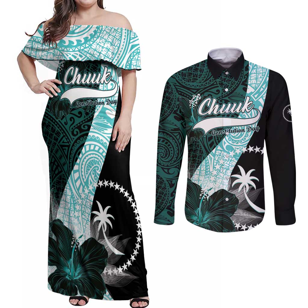 Chuuk Constitution Day Couples Matching Off Shoulder Maxi Dress and Long Sleeve Button Shirt Hibiscus Turquoise Pattern