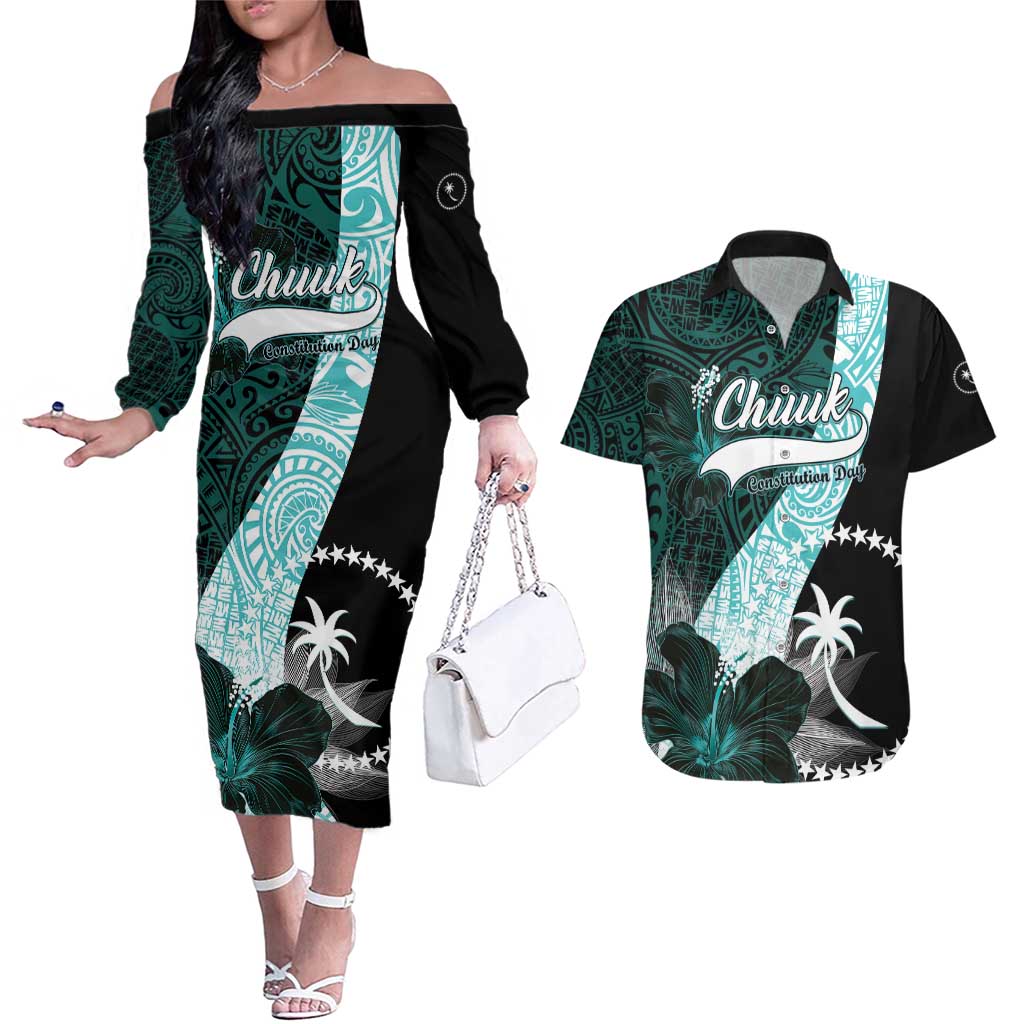 Chuuk Constitution Day Couples Matching Off The Shoulder Long Sleeve Dress and Hawaiian Shirt Hibiscus Turquoise Pattern