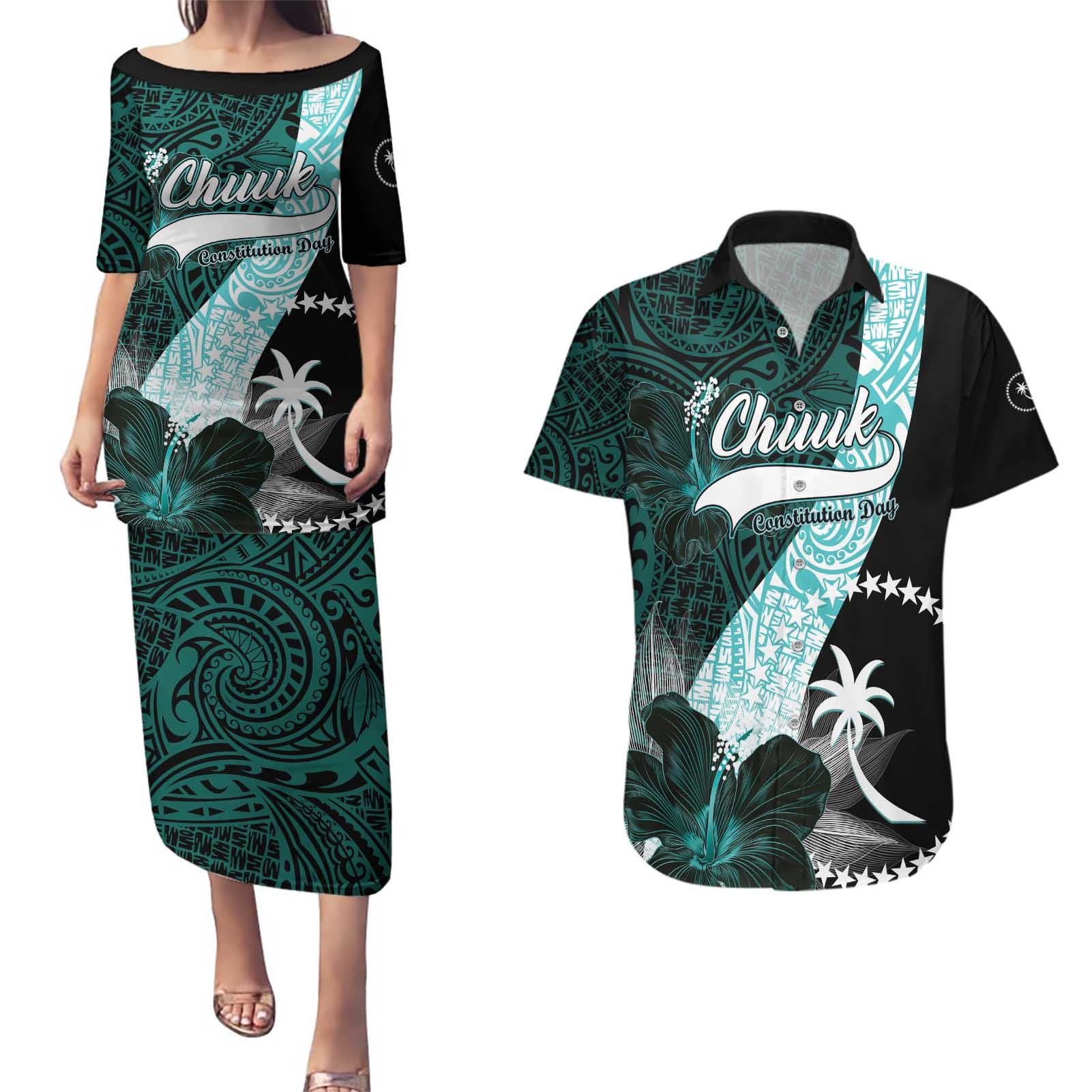 Chuuk Constitution Day Couples Matching Puletasi and Hawaiian Shirt Hibiscus Turquoise Pattern