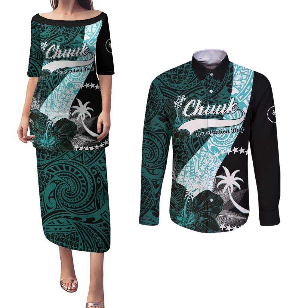 Chuuk Constitution Day Couples Matching Puletasi and Long Sleeve Button Shirt Hibiscus Turquoise Pattern