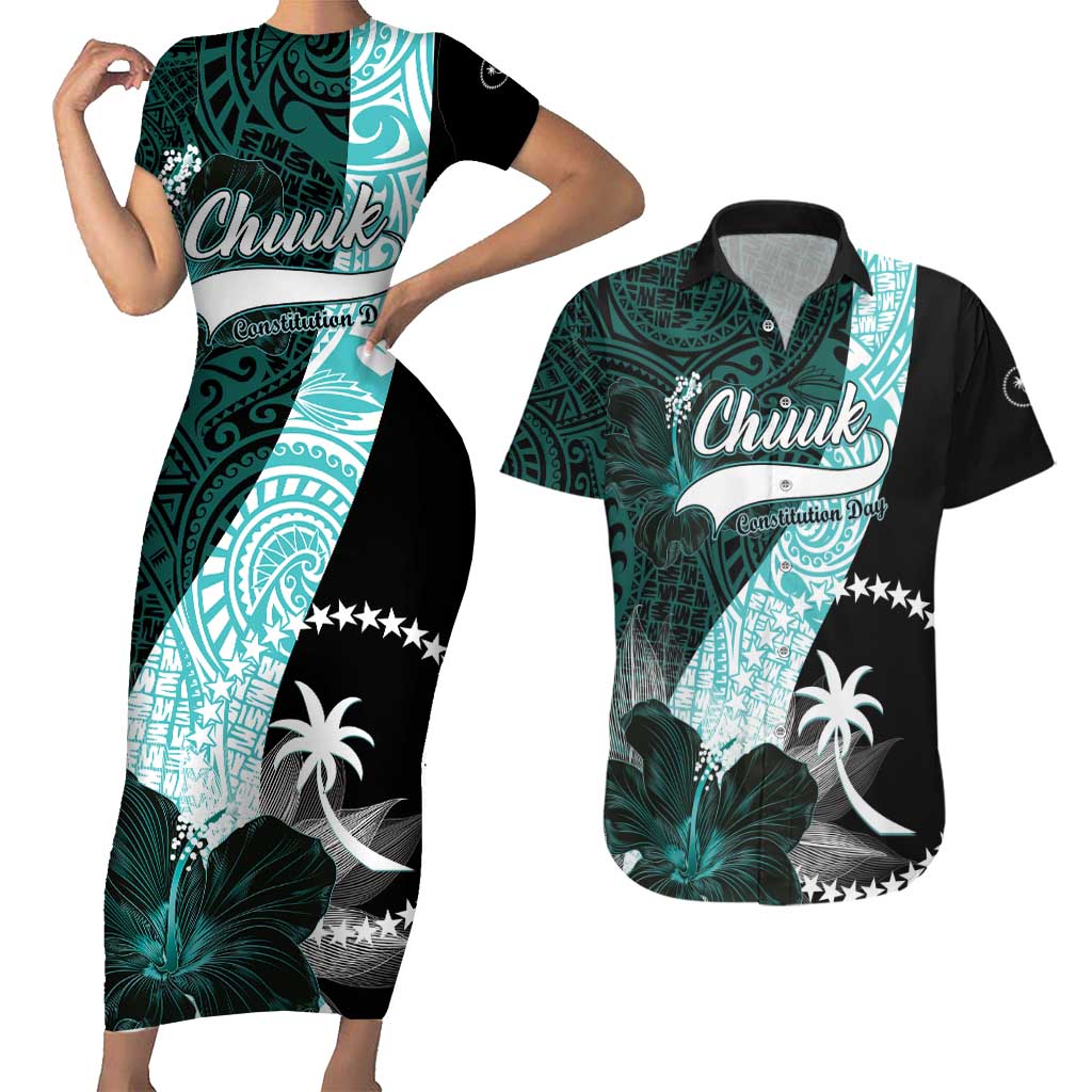 Chuuk Constitution Day Couples Matching Short Sleeve Bodycon Dress and Hawaiian Shirt Hibiscus Turquoise Pattern