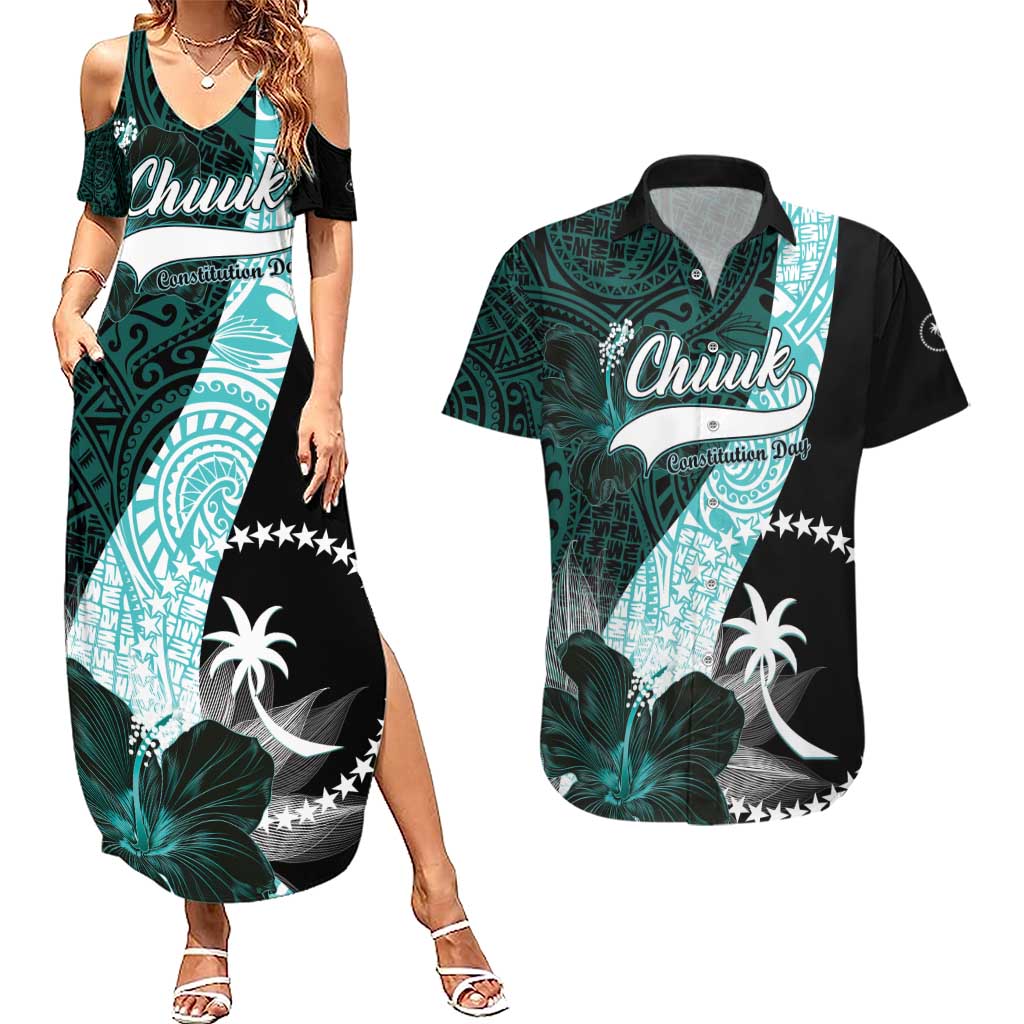 Chuuk Constitution Day Couples Matching Summer Maxi Dress and Hawaiian Shirt Hibiscus Turquoise Pattern