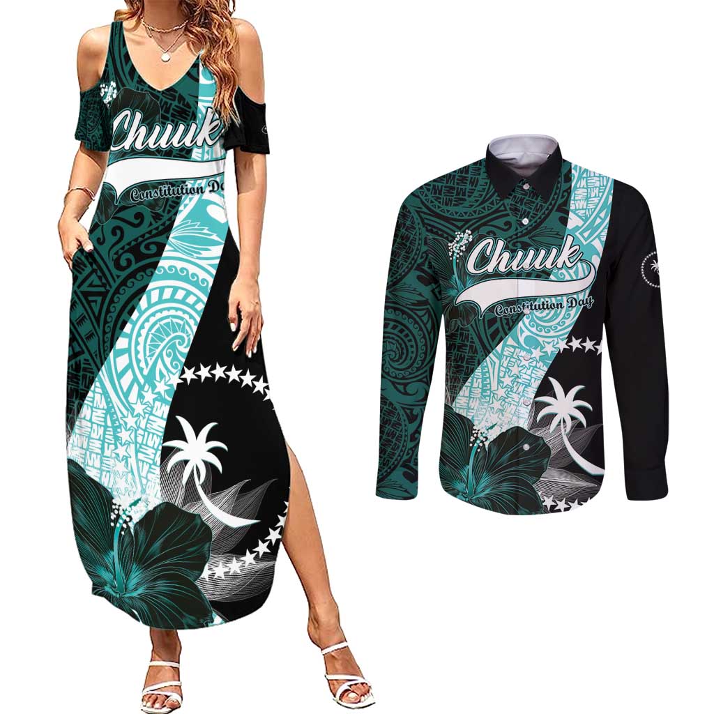 Chuuk Constitution Day Couples Matching Summer Maxi Dress and Long Sleeve Button Shirt Hibiscus Turquoise Pattern