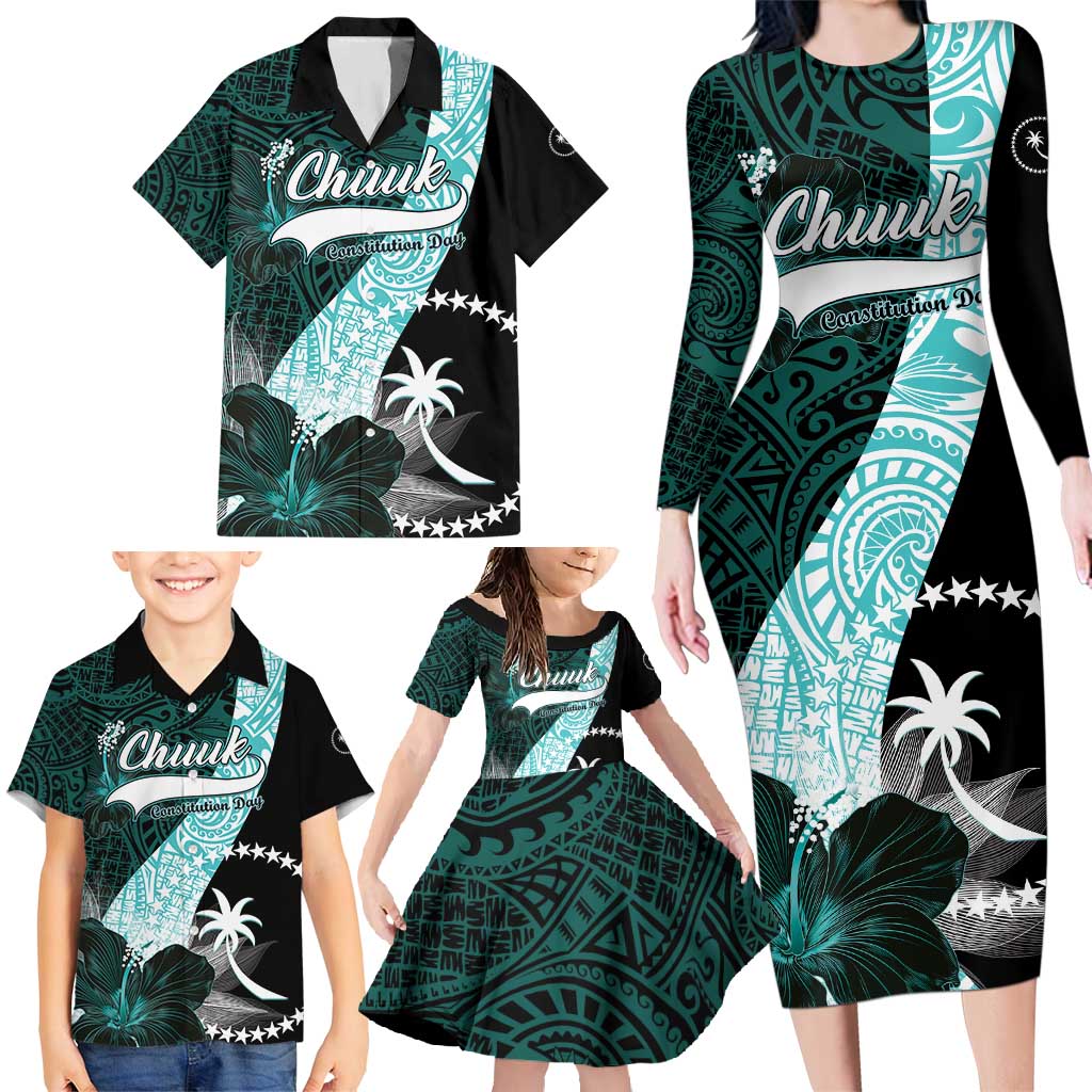 Chuuk Constitution Day Family Matching Long Sleeve Bodycon Dress and Hawaiian Shirt Hibiscus Turquoise Pattern