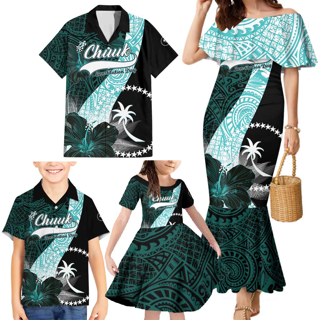 Chuuk Constitution Day Family Matching Mermaid Dress and Hawaiian Shirt Hibiscus Turquoise Pattern