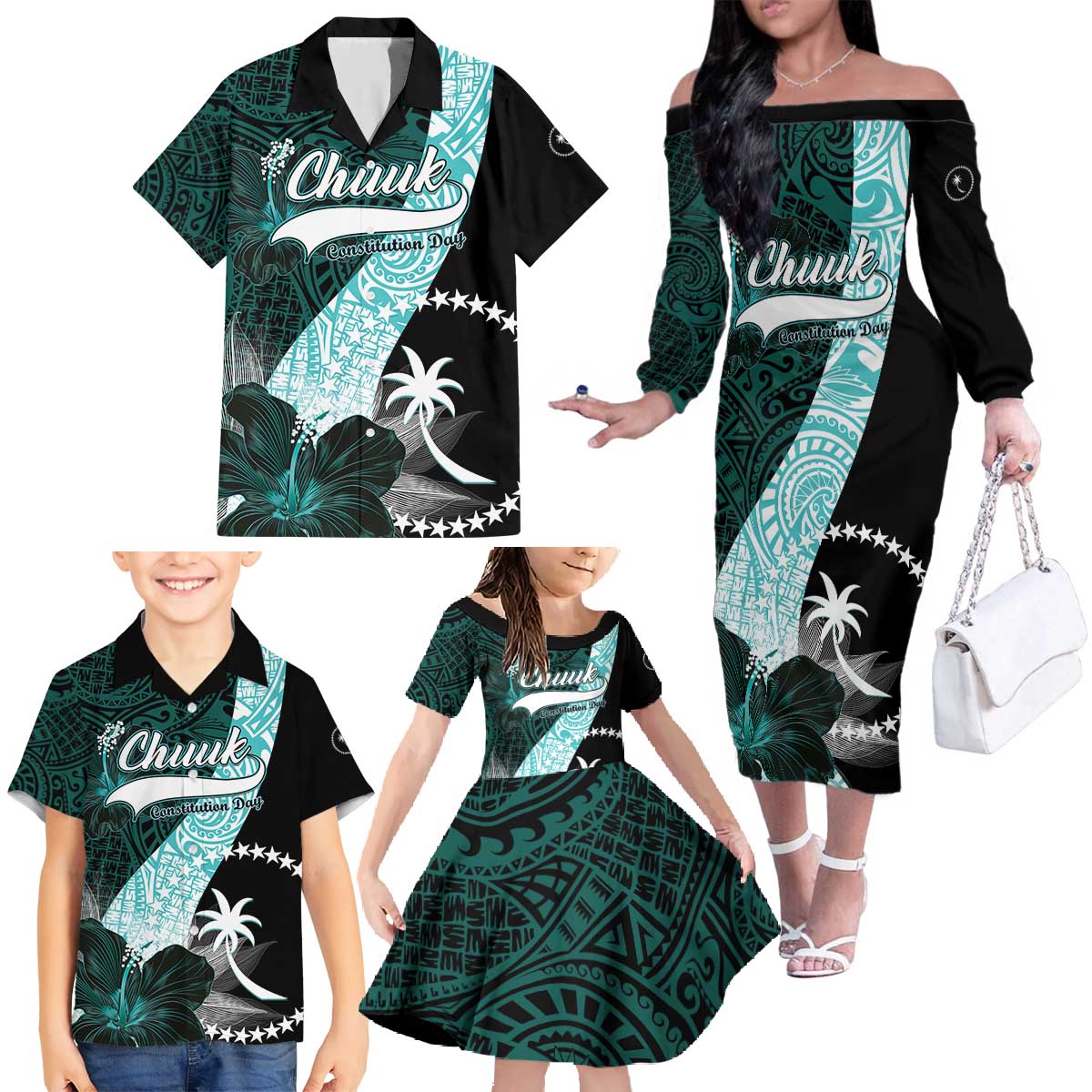 Chuuk Constitution Day Family Matching Off The Shoulder Long Sleeve Dress and Hawaiian Shirt Hibiscus Turquoise Pattern