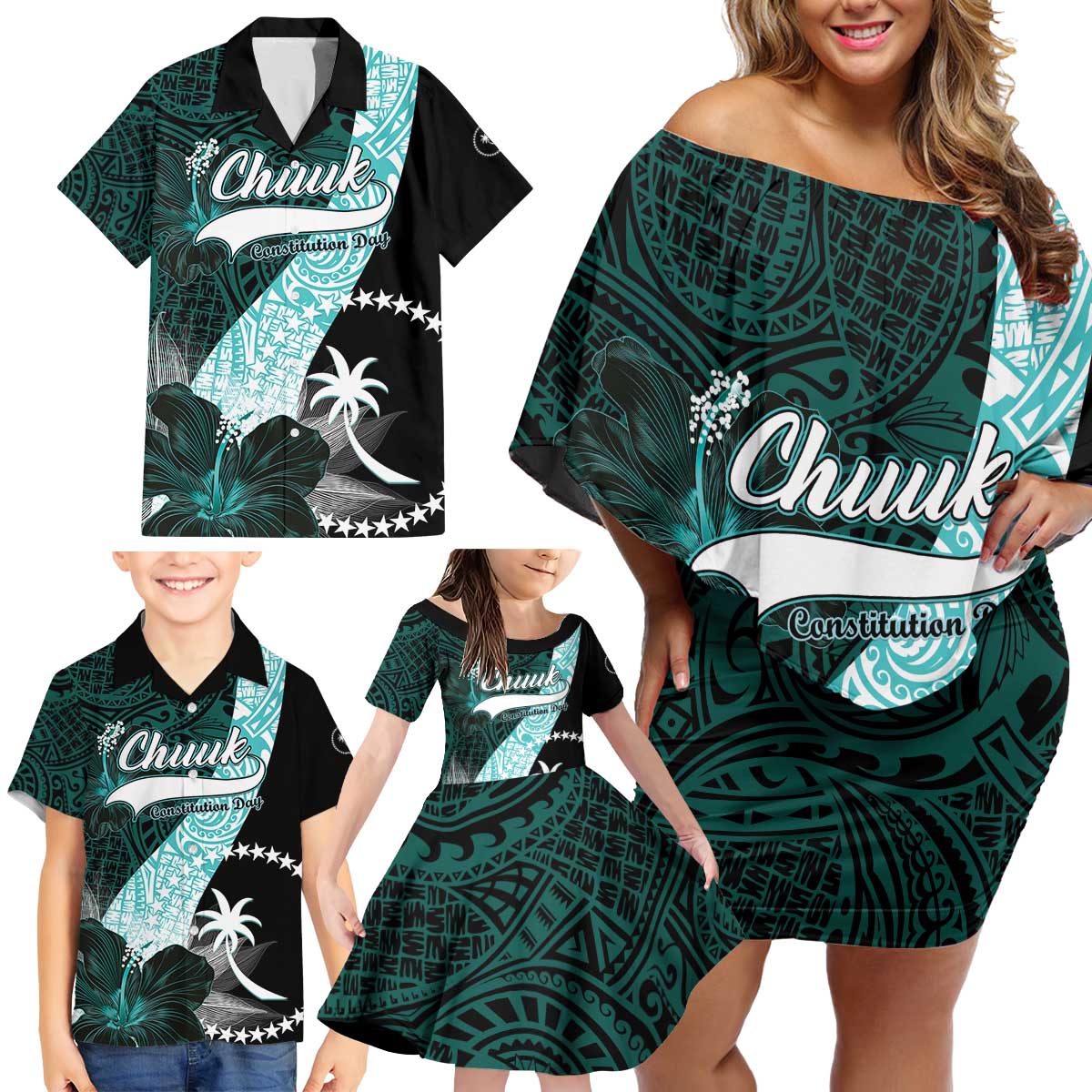 Chuuk Constitution Day Family Matching Off Shoulder Short Dress and Hawaiian Shirt Hibiscus Turquoise Pattern