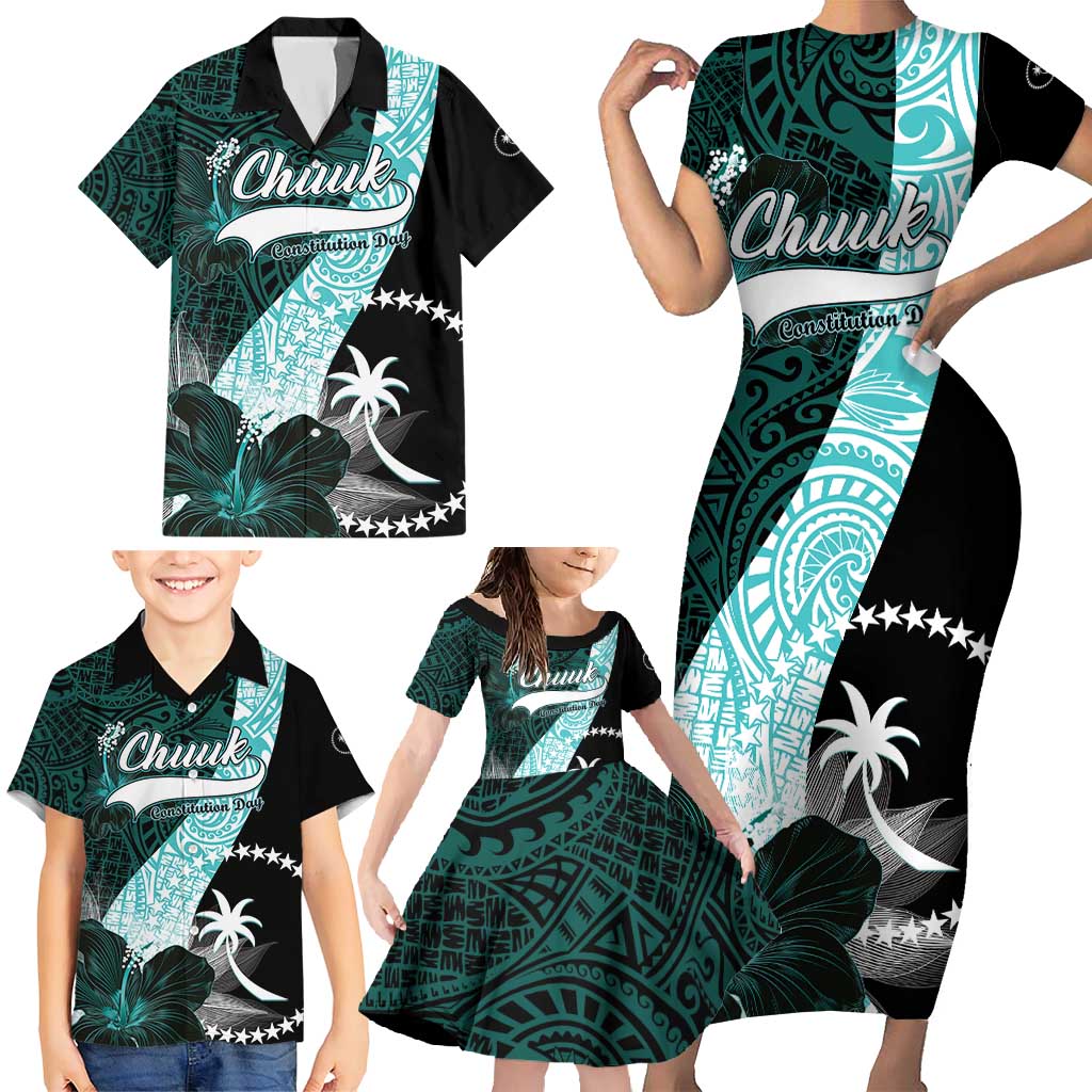 Chuuk Constitution Day Family Matching Short Sleeve Bodycon Dress and Hawaiian Shirt Hibiscus Turquoise Pattern